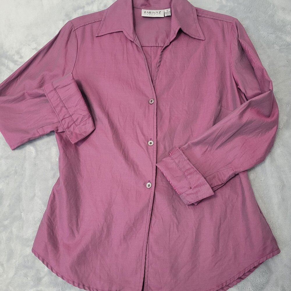 Farinaz Taghavi Women's Long Sleeve Button Down Shirt Purple Shiny Cotton Size 6